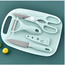 Kit de Cozinha 4 Peças em Aço Inoxidável – Faca, Tesoura, Descascador e Tábua de Corte