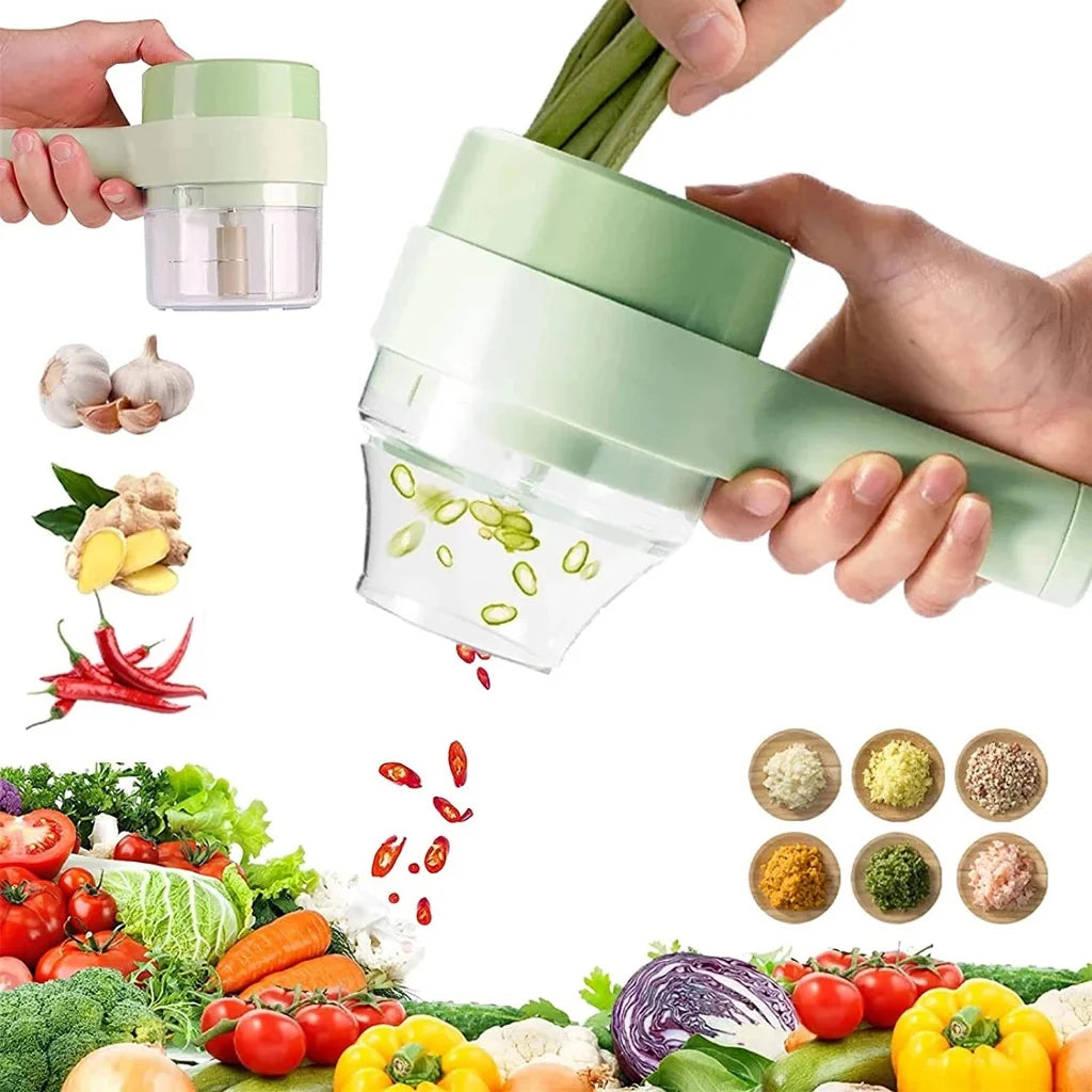 Mini Processador Elétrico 4 em 1 Sem Fio – Cortador, Triturador e Fatiador de Legumes em Aço Inoxidável