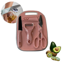 Kit de Cozinha 4 Peças em Aço Inoxidável – Faca, Tesoura, Descascador e Tábua de Corte