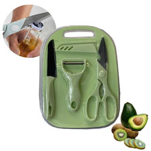 Kit de Cozinha 4 Peças em Aço Inoxidável – Faca, Tesoura, Descascador e Tábua de Corte
