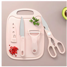 Kit de Cozinha 4 Peças em Aço Inoxidável – Faca, Tesoura, Descascador e Tábua de Corte