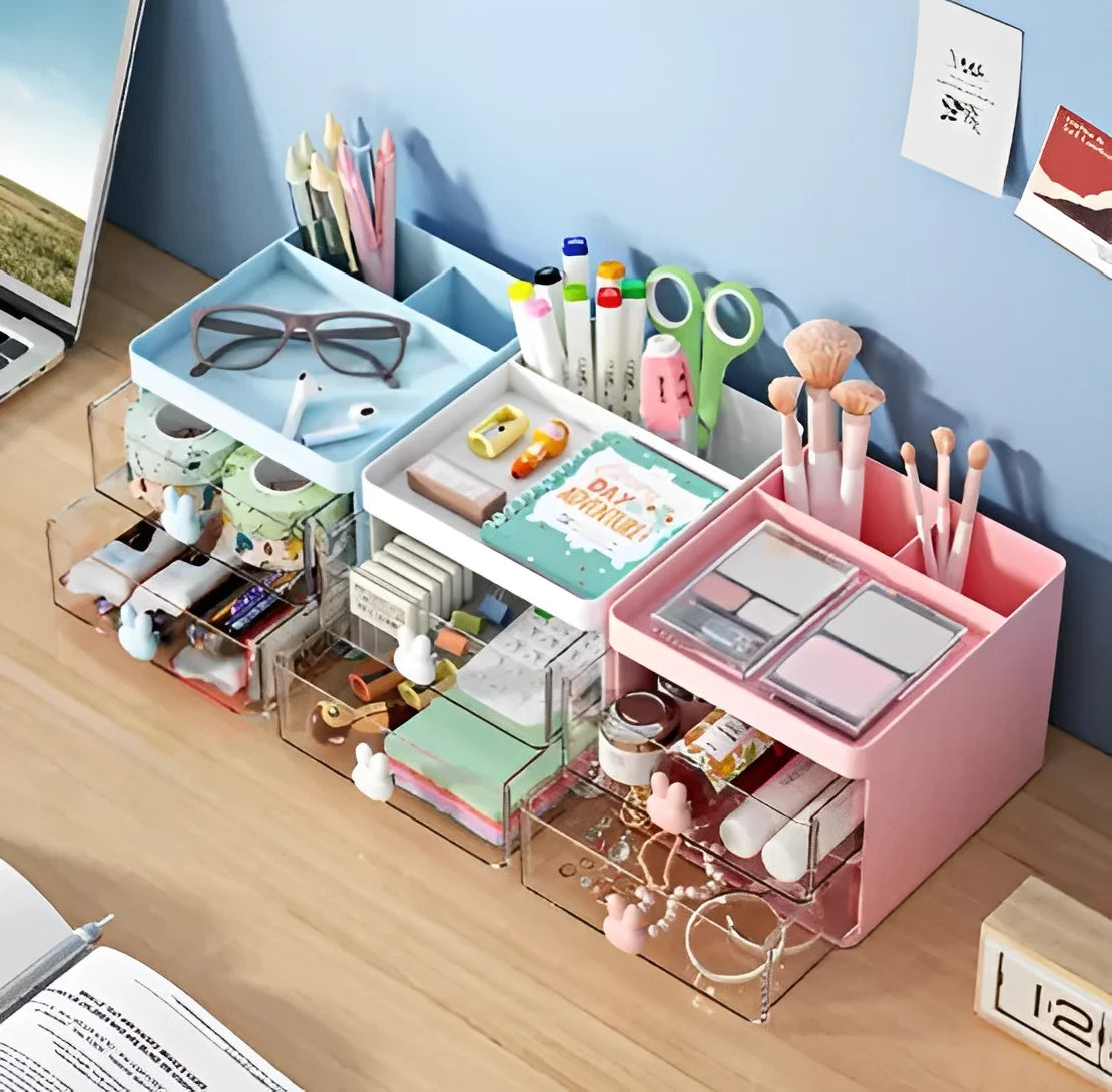 Organizador de Mesa Coelho com Gaveta – Porta Canetas, Maquiagem e Acessórios Multiuso
