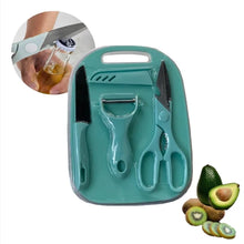 Kit de Cozinha 4 Peças em Aço Inoxidável – Faca, Tesoura, Descascador e Tábua de Corte