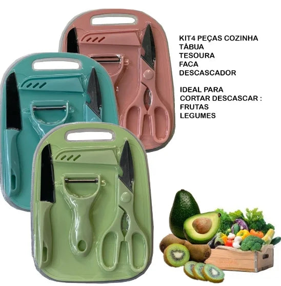 Kit de Cozinha 4 Peças em Aço Inoxidável – Faca, Tesoura, Descascador e Tábua de Corte