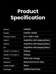 Adaptador Hub USB-C UGREEN 8 em 1 com Triple Display, Dual HDMI 4K 60Hz, DisplayPort, USB 3.2 e Power Delivery 100Wock for MacBook Pro Air PC