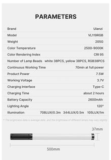 Bastão de Luz LED RGB Ulanzi VL119 19,7" – Iluminador Profissional para Foto, Vídeo, Streaming e Estúdio