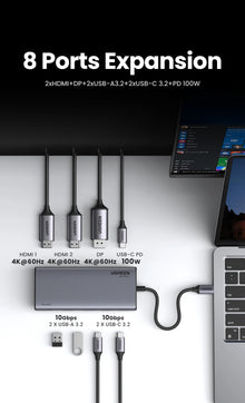 Adaptador Hub USB-C UGREEN 8 em 1 com Triple Display, Dual HDMI 4K 60Hz, DisplayPort, USB 3.2 e Power Delivery 100Wock for MacBook Pro Air PC