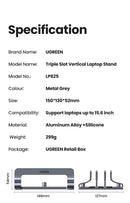 Suporte Vertical UGREEN em Alumínio Premium com 3 Slots para Notebook, MacBook, Tablet, iPad e Smartphone