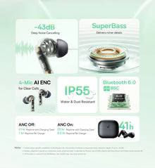 Fone Bluetooth Baseus Bass EP10 NC TWS – ANC 43dB, 4 Microfones ENC, Bluetooth 6.0 e IP55