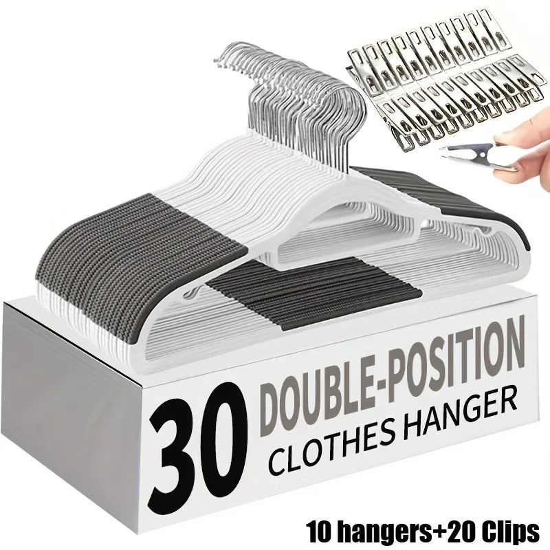 Kit com 30 Peças de Cabides Antiderrapantes – 10 Cabides de Veludo + 20 Clipes Organizadores