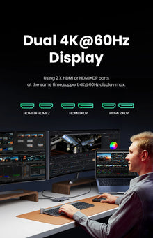Adaptador Hub USB-C UGREEN 8 em 1 com Triple Display, Dual HDMI 4K 60Hz, DisplayPort, USB 3.2 e Power Delivery 100Wock for MacBook Pro Air PC