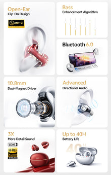 Fone Bluetooth QCY T33S Crossky C30S Open Ear – LDAC, Hi-Res Audio, Bluetooth 6.0 e Até 40 Horas