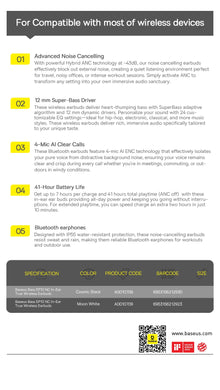 Fone Bluetooth Baseus Bass EP10 NC TWS – ANC 43dB, 4 Microfones ENC, Bluetooth 6.0 e IP55