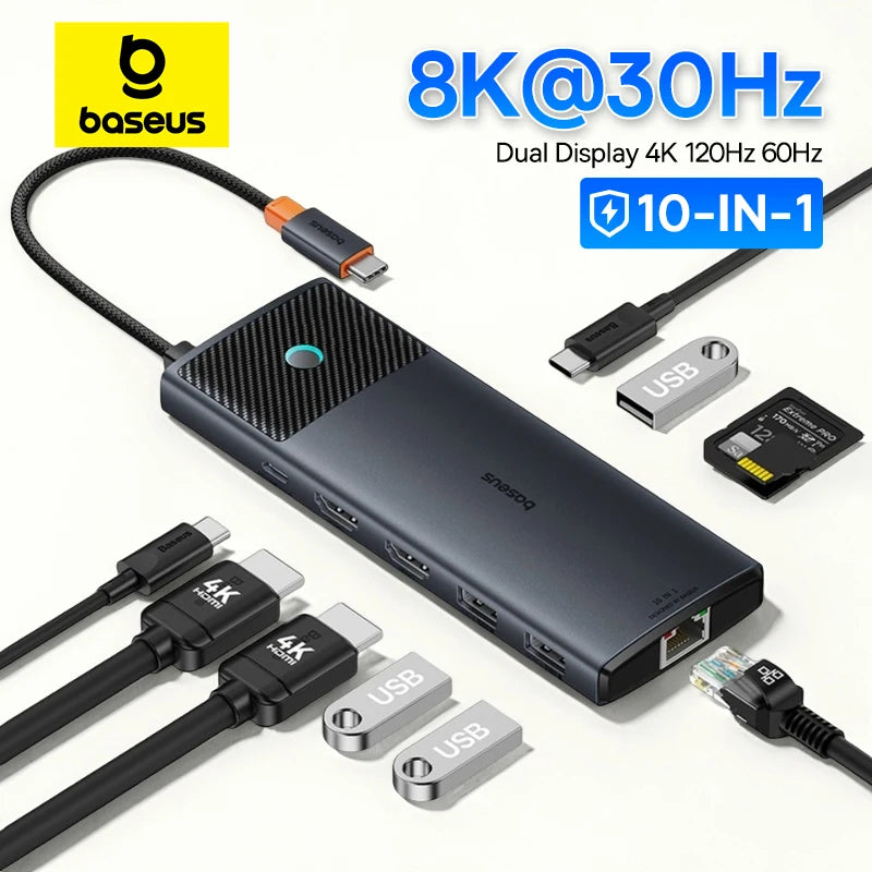 Hub USB-C Baseus 10 em 1 com Dual HDMI 8K, USB 3.2 10Gbps, RJ45 Gigabit e PD 100W