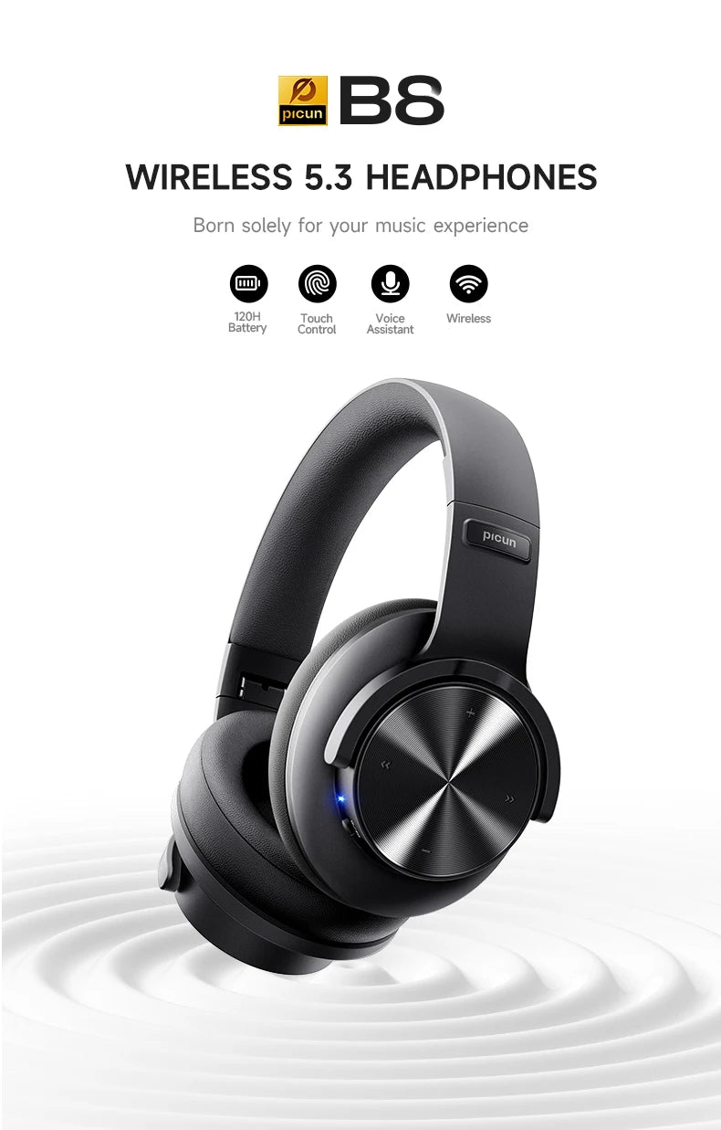 Fone Bluetooth Picun B8 Pro | 120 Horas de Bateria | Bluetooth 5.3 | Over-Ear Hi-Fi