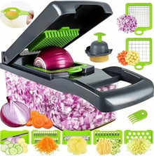 Cortador de Legumes Multifuncional 14 em 1 / 16 em 1 – Fatiador, Ralador e Picador com Recipiente
