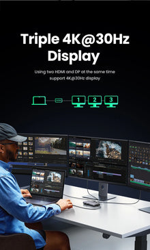 Adaptador Hub USB-C UGREEN 8 em 1 com Triple Display, Dual HDMI 4K 60Hz, DisplayPort, USB 3.2 e Power Delivery 100Wock for MacBook Pro Air PC