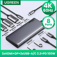 Adaptador Hub USB-C UGREEN 8 em 1 com Triple Display, Dual HDMI 4K 60Hz, DisplayPort, USB 3.2 e Power Delivery 100Wock for MacBook Pro Air PC
