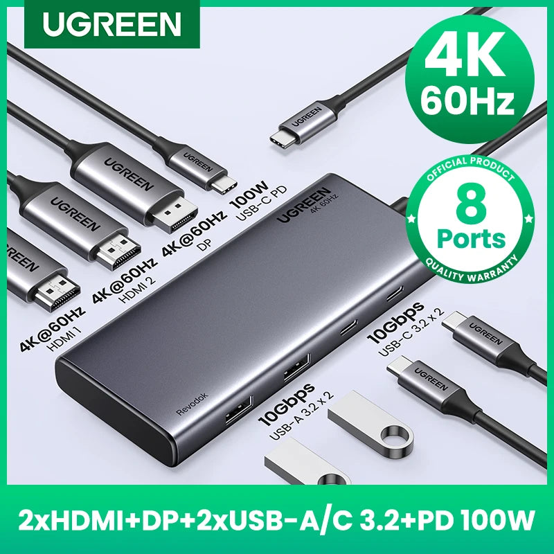 Adaptador Hub USB-C UGREEN 8 em 1 com Triple Display, Dual HDMI 4K 60Hz, DisplayPort, USB 3.2 e Power Delivery 100Wock for MacBook Pro Air PC